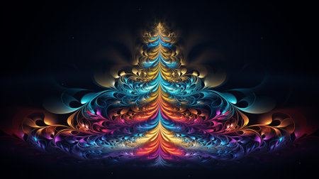 the dynamic energy and festive spirit of the holiday season. The intricate fractal patterns radiate, forming a mesmerizing explosion of colors and shapes reminiscent of a decorated Christmas tree.の素材