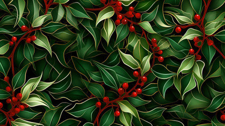 a captivating abstract pattern that embodies the essence of Christmas with intricate interweaving of holly leaves and ivy vines. The pattern exudes a sense of holiday-themed decorations and designs.の素材