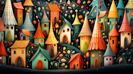 abstract pattern reminiscent of a bustling elf village during the holiday season. The pattern features a playful arrangement of tiny houses and winding pathways, all adorned with festive decorations.の素材