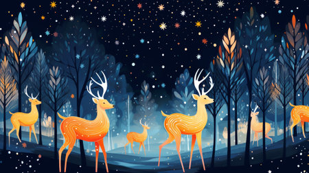 Against a backdrop of a deep, velvety night sky, a procession of graceful reindeer adorned with shimmering constellations takes center stage. the enchantment of Christmas with its dynamic movementの素材