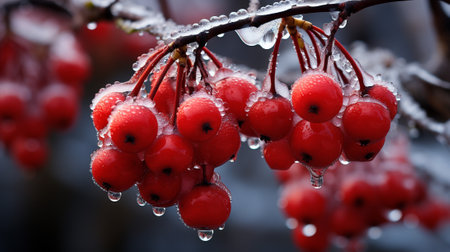 the vivid, ruby-red hues of frozen berries against the pristine, snowy backdrop. The frozen berries appear as nature's jewels, adding a burst of color to the serene and monochromatic winter landscape.の素材