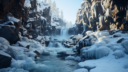 the ethereal contrast between the ceaseless flow of water and the transient artistry of icy formations as a majestic waterfall partially freezes. the ever-changing dance between the elementsの素材