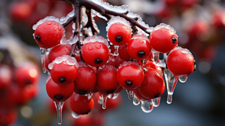 the vivid, ruby-red hues of frozen berries against the pristine, snowy backdrop. The frozen berries appear as nature's jewels, adding a burst of color to the serene and monochromatic winter landscape.の素材