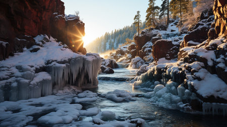 the ethereal contrast between the ceaseless flow of water and the transient artistry of icy formations as a majestic waterfall partially freezes. the ever-changing dance between the elementsの素材