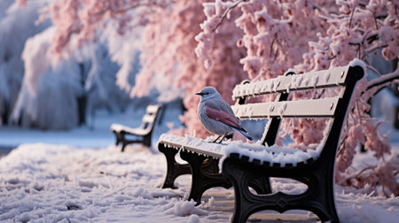 the essence of a serene winter park, adorned with pristine snow, inviting benches, majestic trees, and winding pathways. The hushed beauty of the season is perfectly embodied in this image.の素材