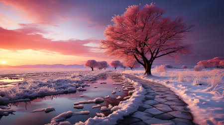 the enchanting beauty of a winter sunset, where brilliant colors paint the sky against a serene snowy landscape. The juxtaposition of the fiery hues against the cold, white backdrop.の素材