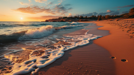 Experience the breathtaking serenity of a beach sunrise as the sun ascends over the horizon, bathing the ocean in soft, golden light. encapsulates the essence of a tranquil summer morning by the seaの素材