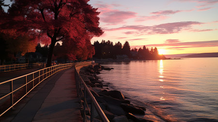 the breathtaking beauty of a summer evening with our stunning photography of a sunset over a pier. Watch as the sun gracefully sets behind the pier, a mesmerizing reflection in the calm waters.の素材