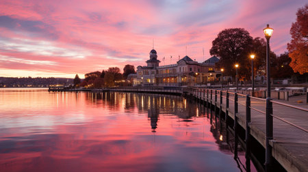 the breathtaking beauty of a summer evening with our stunning photography of a sunset over a pier. Watch as the sun gracefully sets behind the pier, a mesmerizing reflection in the calm waters.の素材