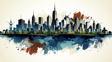 Explore the dynamic world of cityscapes through abstract art. transform ink blots into a vibrant cityscape, seamlessly blending skyscrapers, streets, and the energetic essence of urban life.の素材
