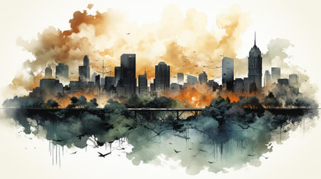 Explore the dynamic world of cityscapes through abstract art. transform ink blots into a vibrant cityscape, seamlessly blending skyscrapers, streets, and the energetic essence of urban life.の素材