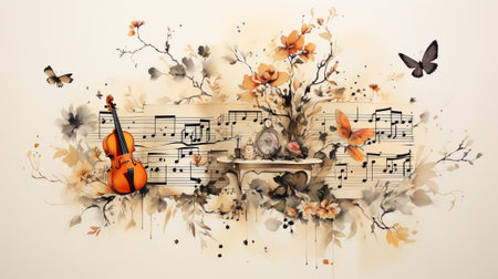 the fusion of visual and auditory art with 'Harmonious Ink.' Create an abstract representation of music using ink blots, where notes, instruments, and the flow of sound come alive on the canvas.の素材