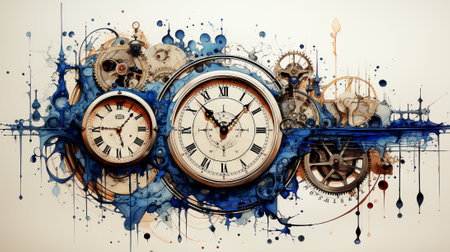 abstract art, where ink blots become a canvas to explore the concept of time and space. Witness the artistic fusion of clocks, gears, and spirals, blending the temporal and spatial dimensionsの素材