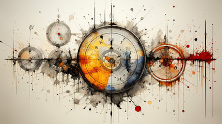 abstract art, where ink blots become a canvas to explore the concept of time and space. Witness the artistic fusion of clocks, gears, and spirals, blending the temporal and spatial dimensionsの素材