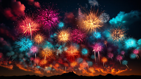 mesmerizing world of fractal fireworks, where digital art mimics the bursts and trails of real fireworks using intricate fractal geometry. fractal patterns creating an explosion of light and color.の素材