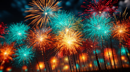 mesmerizing world of fractal fireworks, where digital art mimics the bursts and trails of real fireworks using intricate fractal geometry. fractal patterns creating an explosion of light and color.の素材