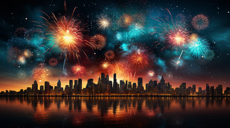 mesmerizing world of fractal fireworks, where digital art mimics the bursts and trails of real fireworks using intricate fractal geometry. fractal patterns creating an explosion of light and color.の素材