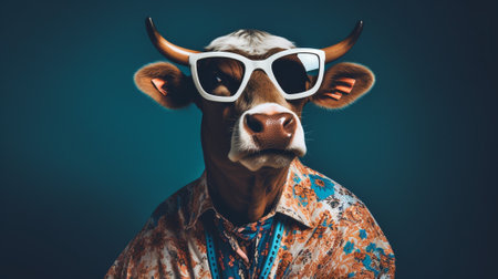 a charismatic bull in a candid pose. Dressed in a stylish Hawaiian shirt and trendy sunglasses, this half-body photoshoot captures the essence of modern fashion. setting a new trend in motionの素材