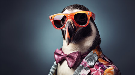 our candid penguin model rocks a Hawaiian shirt and sunglasses in a stunning half-body photoshoot. Dive into the world of fashion and fun with our stylish penguin modelの素材