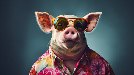 a fashionable pig in a candid pose, sporting a Hawaiian shirt and sunglasses. This half-body photoshoot captures the essence of the top fashion magazine's trippy aesthetic, a mesmerizing background.の素材