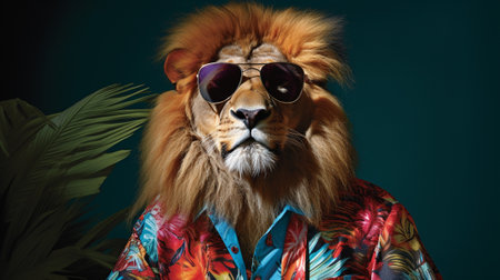a lion exuding contemporary charm. This captivating half-body photoshoot showcases the lion in a candid pose, adorned in a trendy Hawaiian shirt and sunglasses against a creative aesthetic background.の素材