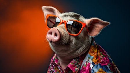a fashionable pig in a candid pose, sporting a Hawaiian shirt and sunglasses. This half-body photoshoot captures the essence of the top fashion magazine's trippy aesthetic, a mesmerizing background.の素材