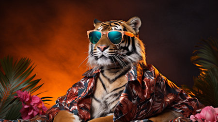 Tiger in a Hawaiian shirt and sunglasses, a candid pose against a mesmerizing trippy aesthetic background. The half-body photoshoot showcases the perfect blend of modern style and artistic expression.の素材