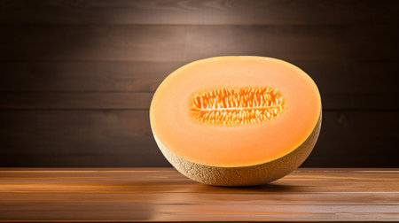 a delicious cantaloupe showcased against a studio-lit wooden background. the juicy essence and tempting freshness of a ripe cantaloupe, with ample copy space to convey your messageの素材