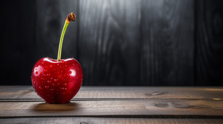 a delicious cherries, impeccably lit in a professional studio. The wood background, contrast to the vibrant red cherries. copy space allows for creative usage in various design and marketing projectsの素材