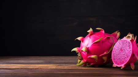 a delicious dragon fruit captured in a professional studio setting. the alluring colors and textures of a dragon fruit against a wood background, providing ample copy space for your creative needs.の素材
