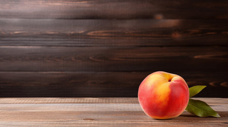 the essence of a peach, beautifully illuminated with studio lighting against a rustic wood background. Perfect for food enthusiasts, food bloggers, and more. Ample copy space for your creative use.の素材