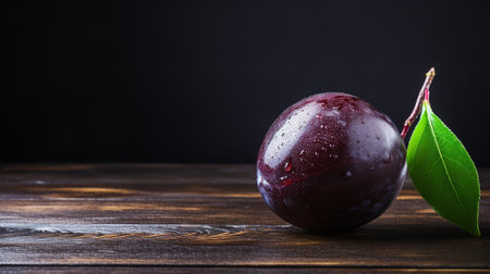 a perfectly ripened plum captured through meticulous studio lighting against a warm wood background. This delicious plum rich colors and inviting texture, with copy space for your creative expressionsの素材