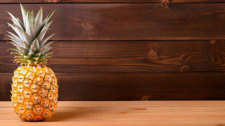a ripe and juicy pineapple, captured with studio lighting against a wooden background. The copy space allows for versatile usage, making it ideal for food blogs, advertisements, or design projects.の素材