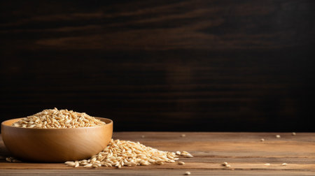 a photograph of Emmer grain beautifully captured in a studio setting with professional lighting, set against a wooden background. Ample copy space adds to the versatility of this striking imageの素材