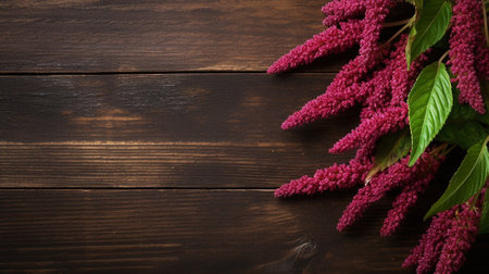 Amaranth grains in exquisite detail, beautifully illuminated with studio lighting against a rustic wood background. The carefully composed shot leaves ample copy space for your creative endeavorの素材