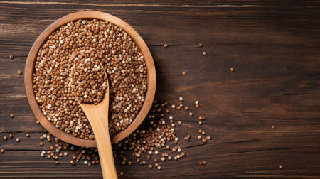 the beauty of a buckwheat grain in this meticulously captured photograph. Illuminated with professional studio lighting against a rustic wood background, providing ample copy space for creative useの素材
