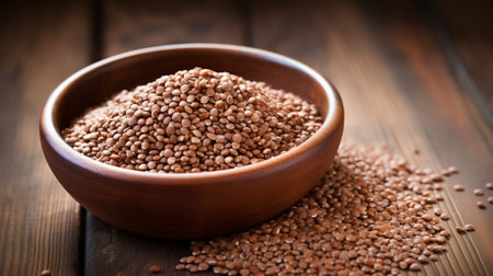 the beauty of a buckwheat grain in this meticulously captured photograph. Illuminated with professional studio lighting against a rustic wood background, providing ample copy space for creative useの素材