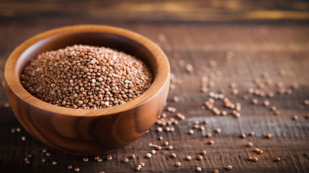 the beauty of a buckwheat grain in this meticulously captured photograph. Illuminated with professional studio lighting against a rustic wood background, providing ample copy space for creative useの素材