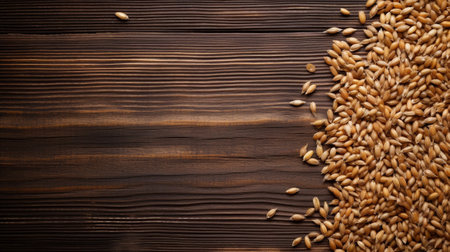 the rustic beauty of Farro grain. The warm studio lighting highlights the intricate textures and details of the Farro grain, set against a wooden background, creating a visually appealing compositionの素材