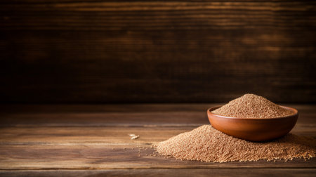Explore the exquisite details of Teff grain in this studio photograph. Captured with perfect lighting against a rustic wood backdrop, this image provides ample copy space for your creative projectsの素材