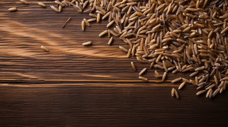 a Wild Rice grain, beautifully showcased with studio lighting against a rustic wooden background. The image features ample copy space for creative presentations and informative displaysの素材