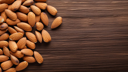 a beautifully arranged display of almonds against a rustic wood background, leaving ample space for your text or design elements. The warm and natural tones of the wood perfectly complementの素材