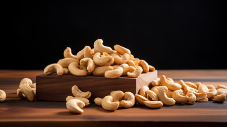 premium cashew nuts beautifully on a wood background, creating an inviting and wholesome image. Perfect for your culinary and health-related projects. Add your text or branding with the copy space.の素材