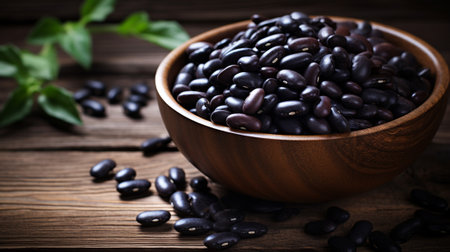 a pile of nutritious black beans set against a rustic wooden background, leaving ample room for text or additional design elements. Ideal for food bloggers, recipes, and culinary projectsの素材