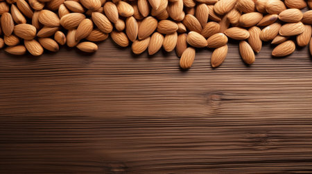 a beautifully arranged display of almonds against a rustic wood background, leaving ample space for your text or design elements. The warm and natural tones of the wood perfectly complementの素材