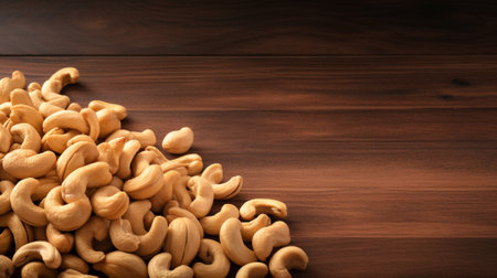 premium cashew nuts beautifully on a wood background, creating an inviting and wholesome image. Perfect for your culinary and health-related projects. Add your text or branding with the copy space.の素材