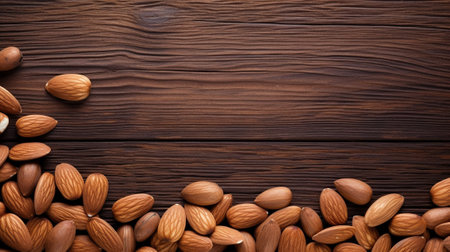 a beautifully arranged display of almonds against a rustic wood background, leaving ample space for your text or design elements. The warm and natural tones of the wood perfectly complementの素材