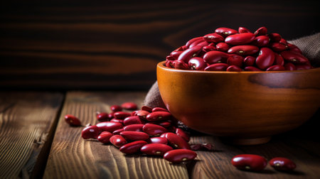 a stunning photograph of kidney beans arranged neatly on a wood background. This visually appealing composition offers ample copy space, allowing for creative text overlays and design elements.の素材