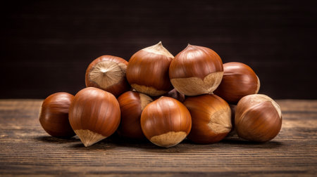 a bunch of hazelnuts arranged elegantly on a rustic wooden background, leaving plenty of space for your creative designs or text. Perfect for food blogs, culinary projects, or nut-related contentの素材