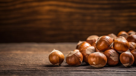 a bunch of hazelnuts arranged elegantly on a rustic wooden background, leaving plenty of space for your creative designs or text. Perfect for food blogs, culinary projects, or nut-related contentの素材